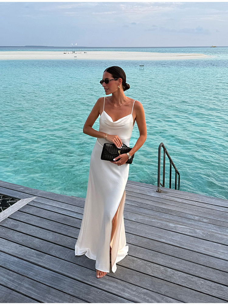 Women'S Holiday Formal Wear - Stylish White Slip Maxi Dress Spaghetti